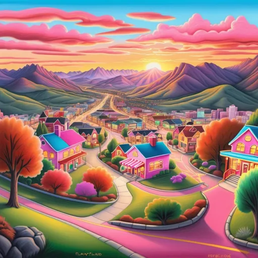 Prompt: "Welcome to Playland" sign overlooking a vibrant town in a valley, scenic landscape, sunny, colorful lights, playful atmosphere, high quality, detailed neon lights, colored pencil drawing, inviting, bustling town, scenic view, warm tones, atmospheric lighting