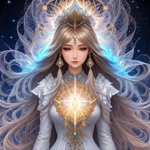 Prompt: {{{{highest quality concept art masterpiece}}}} digital drawing oil painting with {{visible fractal textured brush strokes}}, white prism, cosmic, etherial, goddess of light ,closeup, full body mature woman, long brown balayage cosmic fractal hair, wearing a long dark brown mandelbrot julia clusters fractal etherial dress.