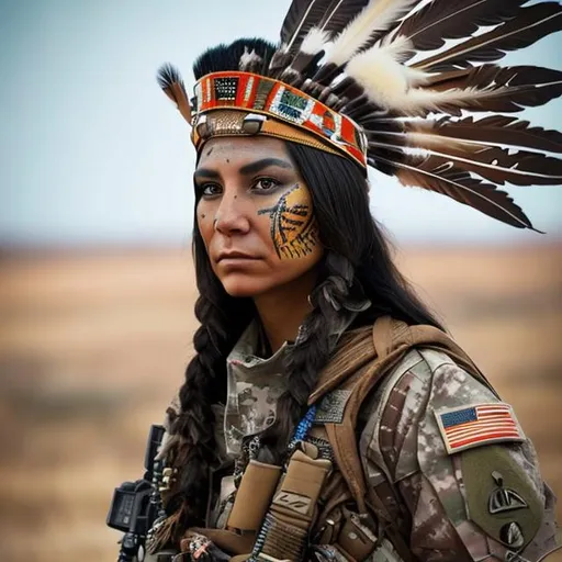 Prompt: native american woman, chief, scifi, military, face paint, feathers, tan and white camo uniform, special forces, modern soldier