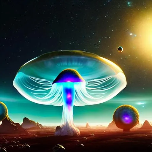 Prompt: Friendly Alien Space Jellyfish delegation arrives at dawn on earth long shot scenic professional photograph of the starry sky, perfect viewpoint, highly detailed, wide-angle lens, hyper realistic, with dramatic sky, polarizing filter, natural lighting, vivid colors, everything in sharp focus, HDR, UHD, 64K