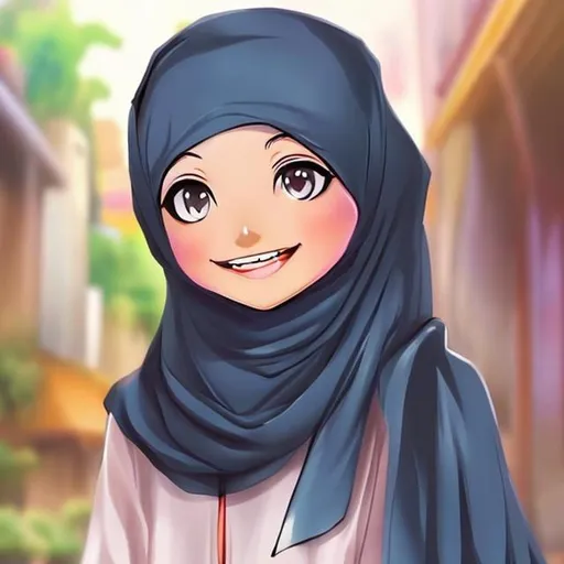 Prompt: Pretty woman wear hijab, hero, smile, anime version, cartoon