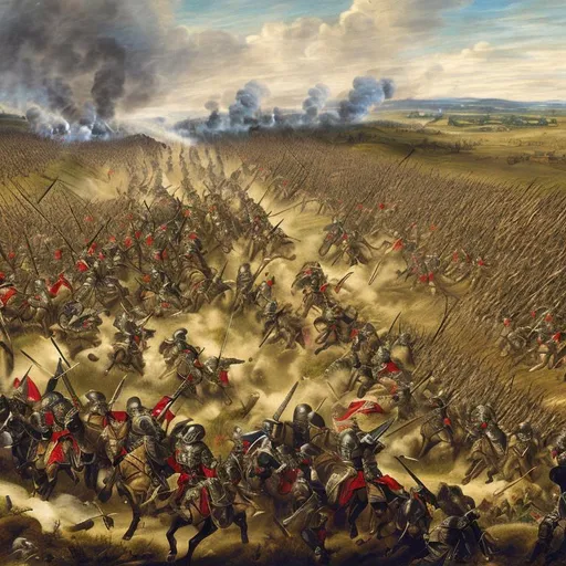 Prompt: Massive seventeenth century line battle with hussars charging over a distant hill behind the enemy
