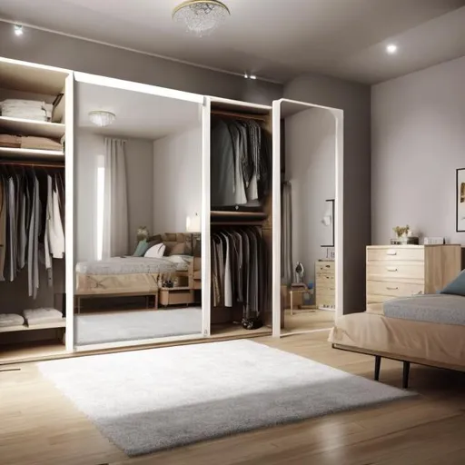 Prompt: create a bedroom with a sliding wardrobe and bed with two side tables and a dressing area