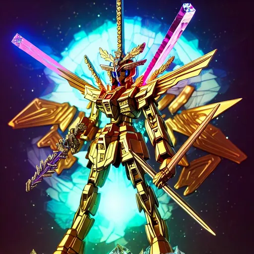 Prompt:  highly detailed godly supreme crystal gundam wearing big cross glowing symbol and glowing scythe, in a luscious forest, rhads, beeple, alphonse mucha,  clever global illumination, highly detailed and intricate environment, explosion of crystals, madhouse studio, hdr crystals