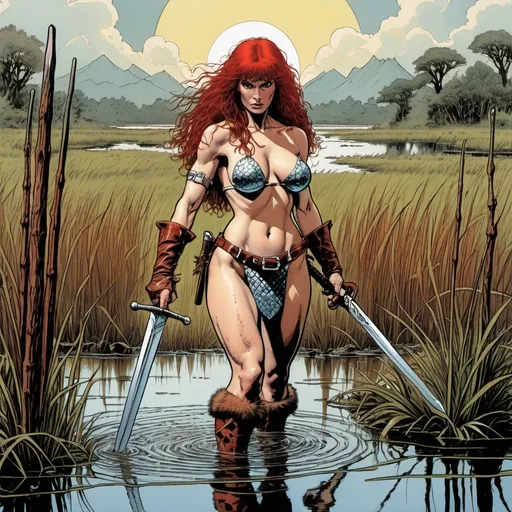 Prompt: make a picture of red sonja holding one sword while wading through a marsh , knee high  in the style of Barry Windsor-Smith