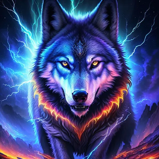 Prompt: (masterpiece, professional illustration, epic digital art, best quality:1.5), insanely beautiful wolf, ancient, celestial guardian, growling, glaring, global illumination, psychedelic colors, illusion, sunrise, finely detailed, calm, detailed face, beautiful detailed eyes, beautiful defined detailed legs, beautiful detailed shading, slender, highly detailed body, (lightning halo:2), tilted halo, {body crackling with lightning}, billowing wild fur, lilac magic fur highlights, fox ears, majestic wolf queen, jewel crusted crest, lightning blue eyes, flaming eyes, ice elements, {auroras} fill the sky, {ice storm}, crackling lightning, (lightning halo), tilted halo, corona behind head, highly detailed pastel clouds, lightning charged atmosphere, full body focus, beautifully detailed background, cinematic, Yuino Chiri, Kentaro Miura, 64K, UHD, intricate detail, high quality, high detail, masterpiece, intricate facial detail, high quality, detailed face, intricate quality, intricate eye detail, highly detailed, high resolution scan, intricate detailed, highly detailed face, very detailed, high resolution