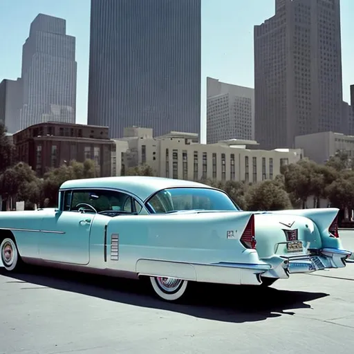 Prompt: A highly realistic picture shot of a 1956 cadillac in downtown Los Angeles. Have the background of this picture look like futuristic cars. Have the buildings in the background detailed and realistic.
