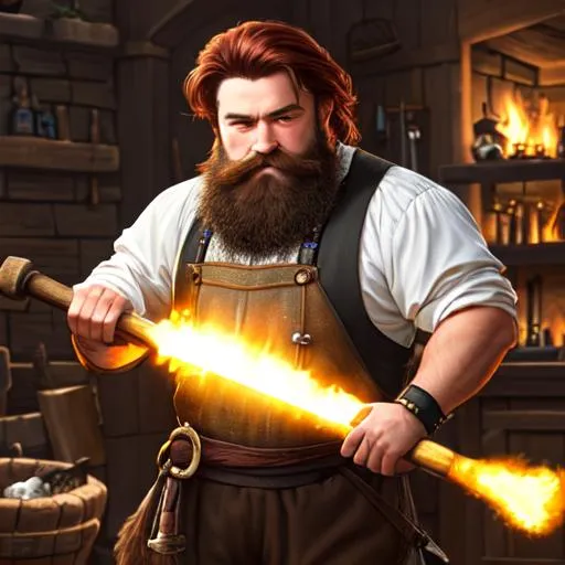 Prompt: oil painting, UHD, hd , 8k, hyper realism, Very detailed, a young dwarf blacksmith character holding a blacksmith hammer working his forge, “he has a trimmed auburn beard”, he has short hair, he is wearing attire 
