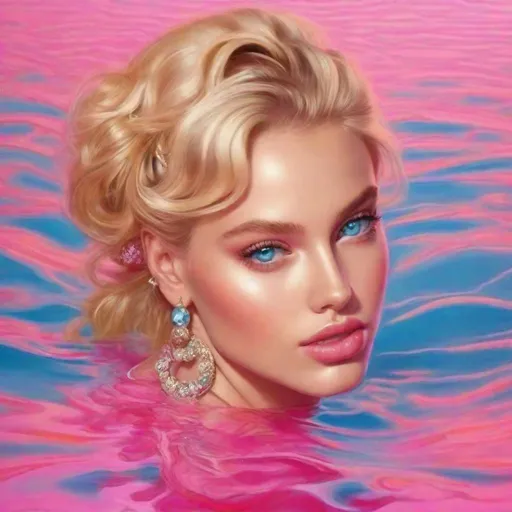 Prompt: an pretty girl blonde hair blue eyes she is super rich she has a beautiful body She Wears Gucci pink she's getting in a Gucci Rich Golden sitting on pink glowing water in make up pretty face and good hands
