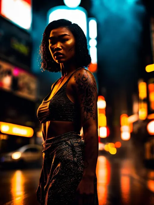 Prompt: A hyperrealistic photo of a Blasian female model with yakuza tattoos  walks through A  smoke filled neon lit street in Tokyo during a rain storm with lightning in the background rain soaks her body and water mist swirls around her cars drive by in the background