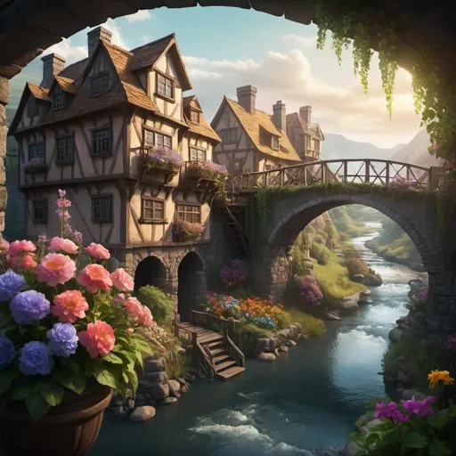 Prompt: Big kingdom, blooming flowers in window boxes, bridge and river, dramatic fantasy settlement scene, cinematic lighting