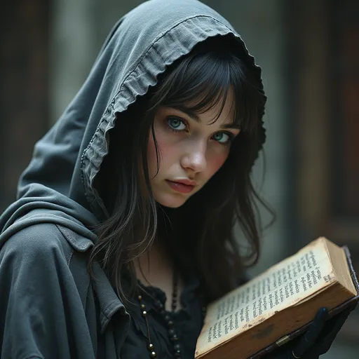 Prompt: side view, a woman in her late
 20's with thin close fitting gray hood, blue eyes with (((head turned toward viewer))), reading a book, holding grimoire close to face, peeking over the top of book, grimoire, ((((occult art)))), lost grimoire, gothic fantasy art, gothic art, holy cyborg necromancer girl, beautiful necromancer girl with fanatical expression, gothic art style, priestess of the damned, dark fantasy horror art