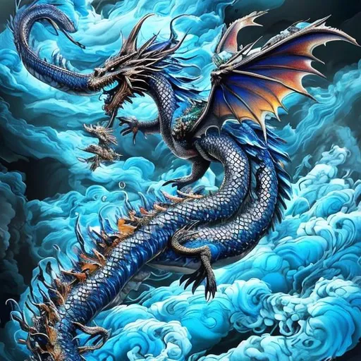 Prompt: Fantastic, color spectrum, hyper detailed, We see the green and blue dragon landed next to the quickly flowing river surrounded by trees, stretched his beautiful blue wings swirled with gleaming silver, sunlight reflecting from the metallic wing scales. The dragon catches a fish in the river with his talons. The sky is a dark storm of black and grey clouds and lightning flashes, allowing us to see faint forms of more dragons in flight in the distance, visible only because lightning illuminates their metallic wings. This is a magical place where magic infuses every tree, rock, and creature. Does the dragon have a name, the knight wonders. Landscape, Hyperrealistic, 8k