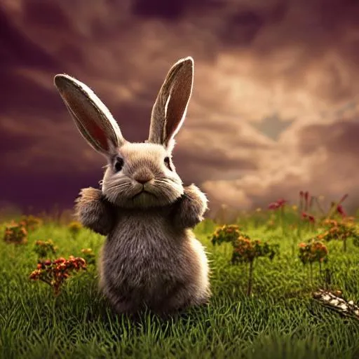 Prompt: cute rabbit holds a weapon, 3d render, beautiful meadow, interesting landscape, highly detailed