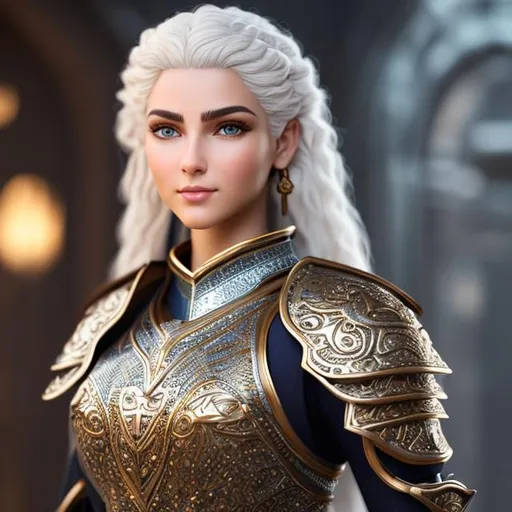 Prompt: full body picture super detailed lifelike of a female Caucasian warrior with short platinum white hair in a bronze medieval armor, detailed round face, 

masterpiece photographic real digital ultra realistic hyperdetailed, blue iris, highly detailed beautiful gloss lips, highly detailed short white hair, white eyebrows, smooth skin, blue sea background

hopeful, smile, cinematic light,

soft focus, digital painting, oil painting, clean art, professional, colorful, rich deep color,  CGI winning award, UHD, HDR, 8K, RPG, UHD render, HDR render, 3D render cinema 4D