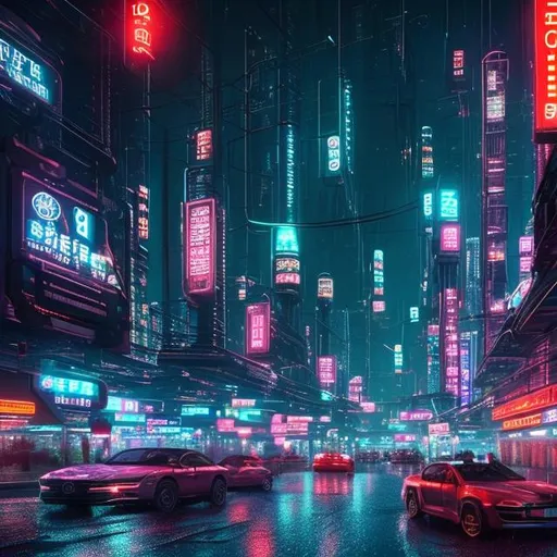 Prompt: A futuristic city at night, raining heavily with bright neon signs.