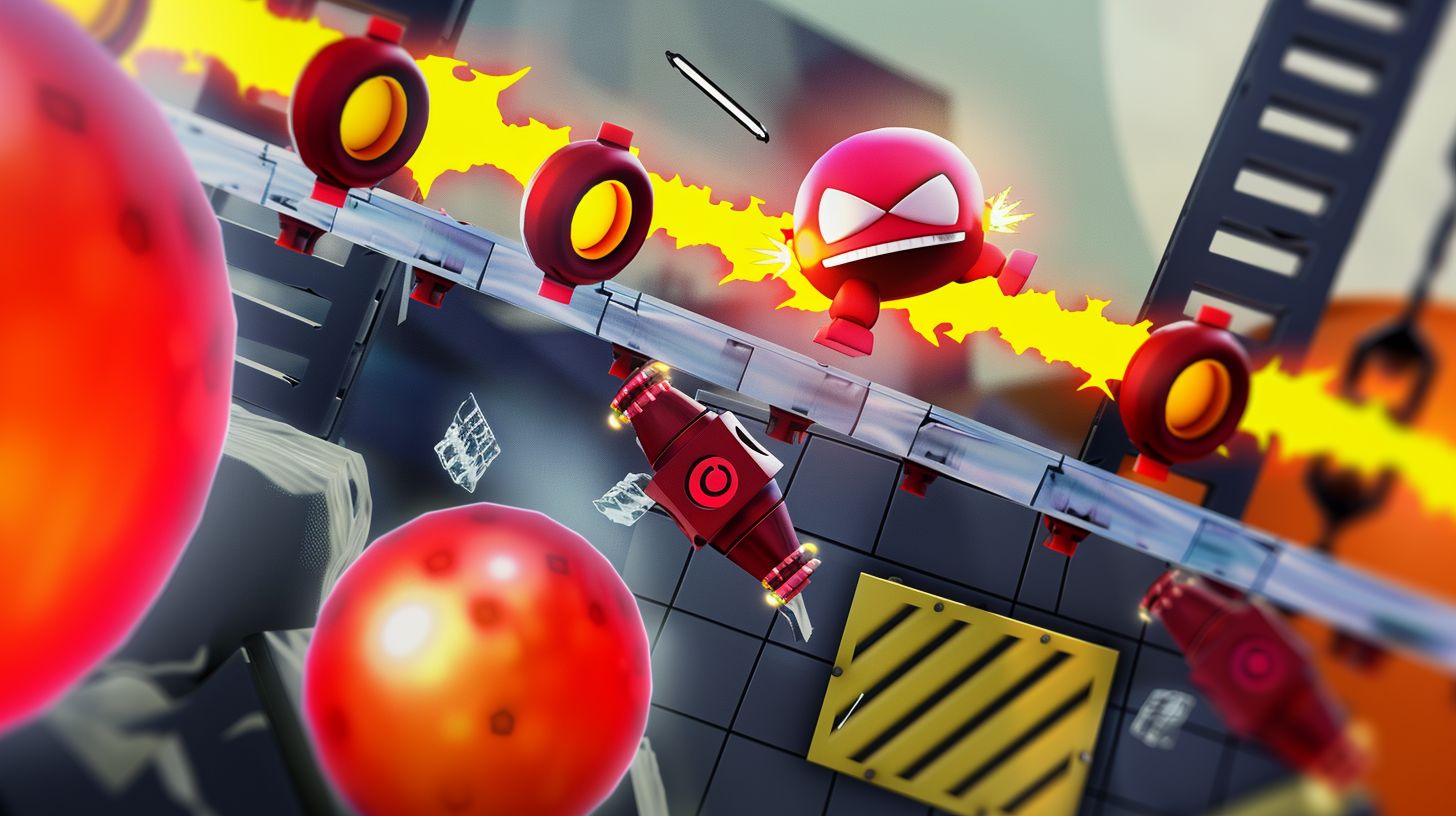 Prompt: 3d shiny bomberman fast paced side view scroller platform game, parallax scrolling