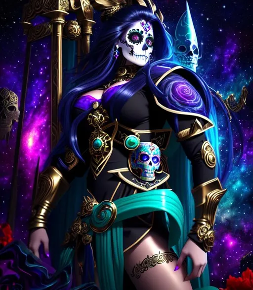 Prompt: Beautiful, Serene, Gorgeous, Spectacular, freeform dark chaos epic bold, 3D, HD, {one}({Nebula {Goddess}Sugarskull with long flowing hair and dressed in Barbarian outfit with cosmic background} with {Silver gold green dark-red blue jade}ink), expansive interstellar background --s99500