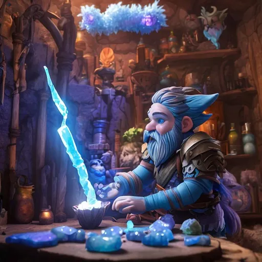 Prompt: gnome with blue hair holding a glowing blue crystal. The gnome is wearing leather armor. He is a young man. Focus on him, but the background is a laboratory or workshop where he creates magical arms and armor.