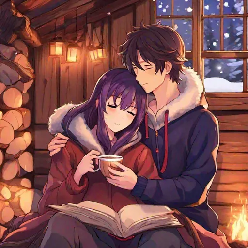 Prompt: there's nothing in this world that can express how much i love you, glow, love, hearts, anime boy(with brown hair) and girl(with short ,dark purple hair) couple inside a log cabin snuggled up together in front of a log fire trying to keep warm, wrapped in blankets with hot coco besides them, white, silvery snow outside 