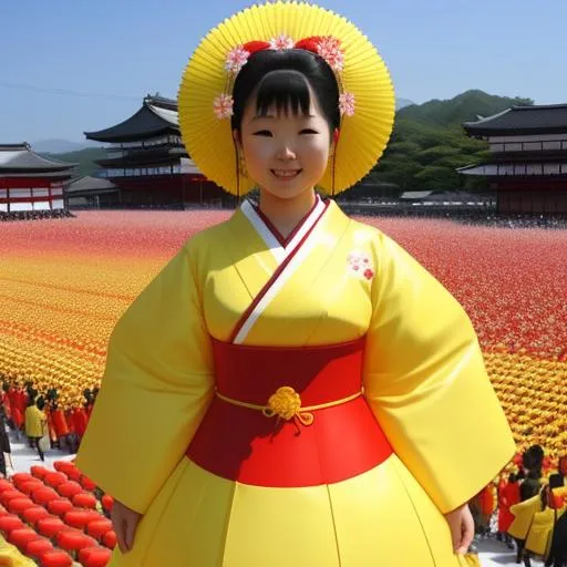 Prompt:   Kyoto gigantic-sized new year yellow, red,  cupcakes festival , miniature Japanese woman, gorgeous, stunning body, aged 24, 