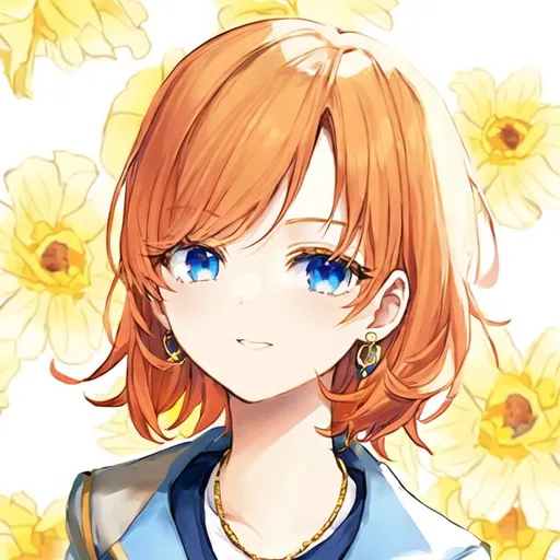 Prompt: Portrait of a cute girl with short orange hair and blue eyes wearing a white shirt, blue jacket, gold necklace, gold earrings, and pink sunglasses surrounded by yellow flowers 