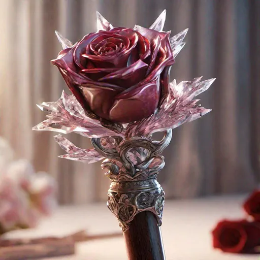 Prompt: crystallized rose mounted on a rosewood wand, intricate detail, concept art, epic lighting, finely-tuned, octane rendering