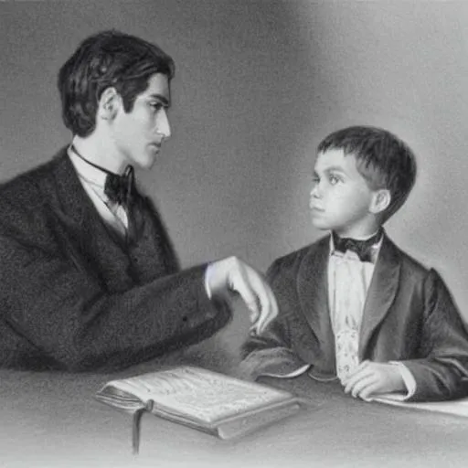 Prompt: A surreal, realistic pencil drawing of Alyosha Karamazov looking at a young boy, Ilyusha from afar during school
