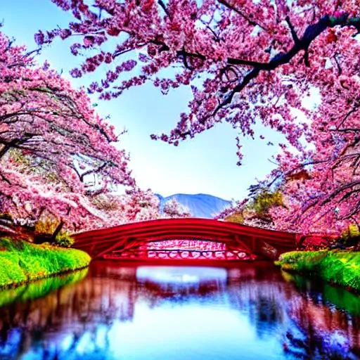 Prompt: anime style, sakura, spring, bright, red gate, serene, bridge, beautiful sparkling stream, mountain background, pure blue sky, gorgeous landscape