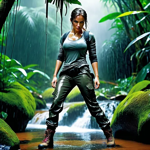 Prompt: Generate a photo of a young woman, wearing a  lara croft, hiking boots, long pants, long sleeve top, in the jungle, blizzard,  action view. She is enjoying being in her wet clothes, water dripping from her clothes, which are stuck to her body.  The image should show detailed textures of the wet fabric, a wet face, and plastered hair. The overall effect should be shiny and wet, with professional, high-quality details and a full body view.