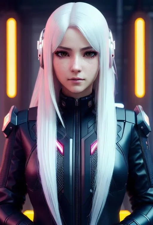 Prompt: High detailed portrait, digital art style, anime style, female character, cyberpunk edgerunner, soft jawline, futuristic world, neon, joytoy, long asymmetric white hair, female, cyberpunk, pale face,  neon eye, by greg rutkowski and alphonse mucha, sharp focus, neon scale, Photorealistic, sharp focus, highres, Hires correction, noir stylings, Mdjrny-v4 Style, strong, 4k, unreal engine, cleavage, sexy
