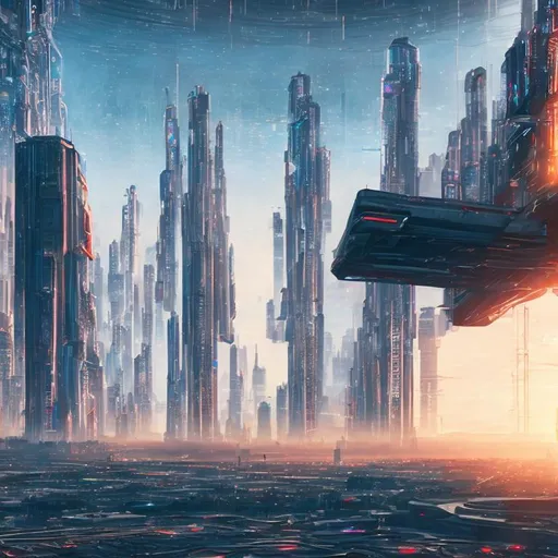 Prompt: futuristic cyberpunk cityscape at sunset