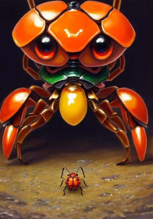 Prompt: UHD, , 8k,  oil painting, Anime,  Very detailed, zoomed out view of character, HD, High Quality, Anime, Pokemon, Paras is a small cartoonish cute orange insectoid crab-like cicada Pokémon with large animated eyes and cartoonish mushrooms growing on its head  Its ovoid body is segmented, and it has three pairs of legs. The foremost pair of legs is the largest and has sharp claws at the tips. There are five specks on its forehead and three teeth on either side of its mouth. It has circular eyes with large pseudo pupils.

Red-and-yellow mushrooms known as tochukaso grow on this Pokémon's back. The mushrooms can be removed at any time and grow from spores that are doused on this Pokémon's back at birth by the mushroom on its mother's back. Tochukaso are parasitic in nature, drawing their nutrients from the host Paras's body in order to grow and exerting some command over the Pokémon's actions. For example, Paras drains nutrients from tree roots due to commands from the mushrooms. Paras can often be found in caves. However, it can also thrive in damp forests.

Pokémon by Frank Frazetta