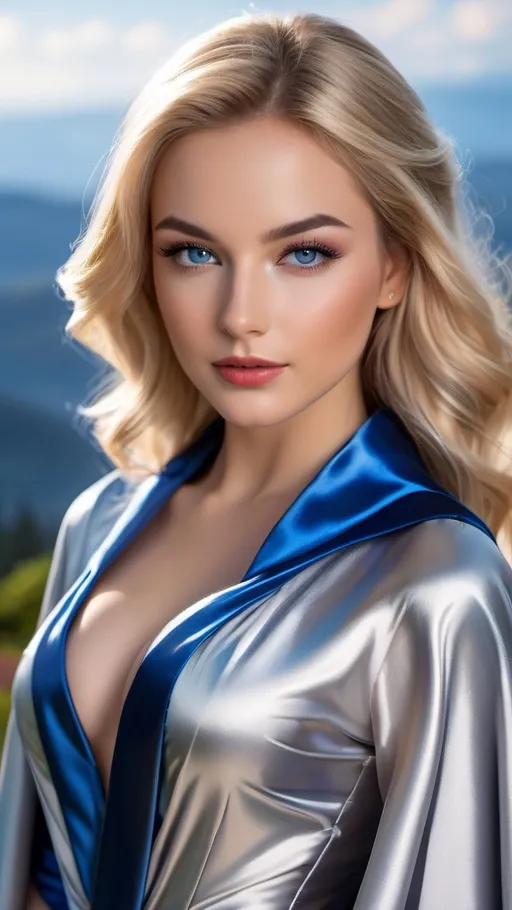 Prompt: Create a highly detailed, ultra realistic, AI defined image of a highly desirable "girl next door look" young adult blonde college student in a floor length glossy silver  and blue lined satin cape tied up at the neck with ribbon, ample cleavage, waist length hair , inspiring lustful uniform, classic makeup, at a unique fantasy school, 

wide landscape lense, ISO 500, Aperture f/22, APS-C, Splash art, dark fantasy art, stunning bokeh, cinematic lighting and scale, super detailed, 64k, high quality perfect lighting, perfect shadows.