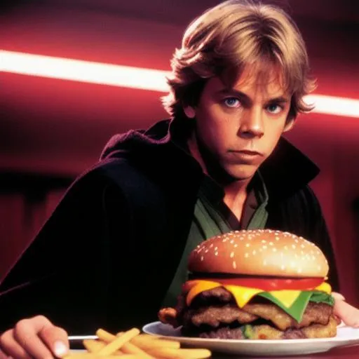 Prompt: A high quality movie still of Return of the Jedi Luke Skywalker eats a large delicious cheeseburger, black jedi outfit, Mark Hamill, ultra realistic ultra-high definition skin, dramatic red and green lighting, accurate face,