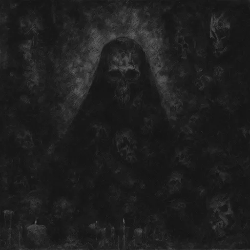 Prompt: High quality artwork for a black metal album. Elegy for the Dead Silent Remains. dead priests praying around the cold foggy abandoned catacomb. surrounded by candles.