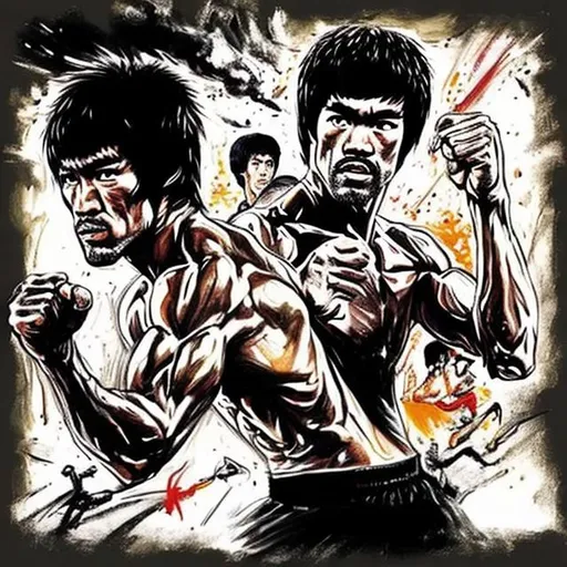 Prompt: Draw Bruce Lee kick Chuck Norris