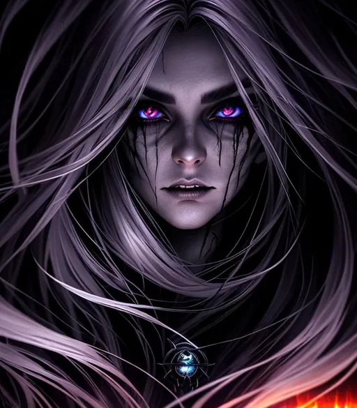 Prompt: Horror, twisted, scary, ominous, cinematic, 3D, HD, Beautiful!! {female}Witch, detailed gorgeous face, Beautiful big reflective eyes, long flowing hair, expansive molten background, sunset, hyper realistic, 16K --s98500