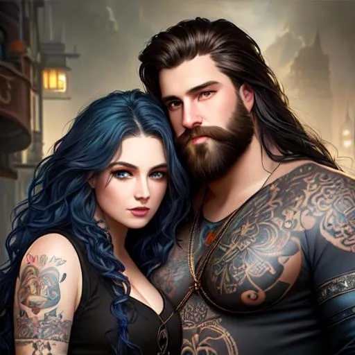 Prompt: fantasy oil painting ((heavyweight man and heavyweight woman couple)), (((long dark brown wavy hair for man))), (((long blue wavy hair for woman))), (((woman's eyes are brown))), (((man's eyes are green))), (((woman has pale skin and round face))), {man has round face and scruffy beard}, tattoos, cyberpunk surreal, Disney, pixar, ((rainbow)), (((cosmos))), space, bubbles, illustration, (((neon))), high detail, intricate, elegant, by Jeremy Mann, artgerm, Rutkowski, and other illustrators, intricate details, face, full body portrait, headshot, illustration, UHD, 4K