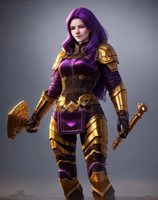 Prompt: Digital art, 20-year-old woman viking, subtle smile, dark purple hair, one braid, light blue eyes, black gear, gold armor, unreal engine 16k octane, 3D lighting, cinematic lighting, full body, full armor