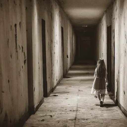 Girl walking down spooky hallway