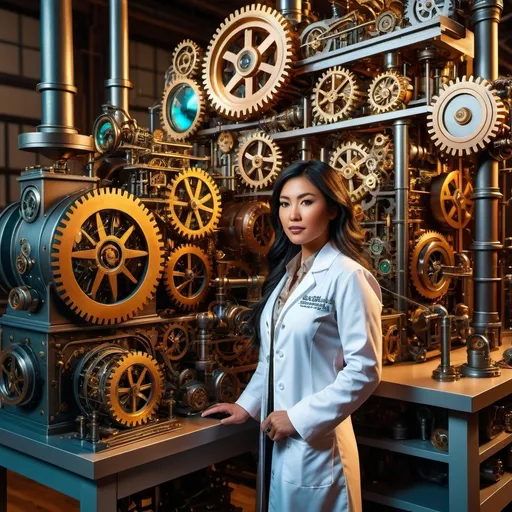 Prompt: Huge Rube Goldberg machine with intricate gears and mechanical appendages, meticulously tended to by an attractive Asian woman in a pristine white lab coat, blouse, slacks, and white sneakers, 8k resolution, high-detailed, steampunk, vibrant lighting, industrial color palette, meticulous craftsmanship, detailed machinery, professional attire, atmospheric lighting