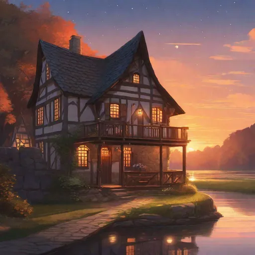 Prompt: RPG, high res, illustration, sunset, stars, an 18th-century colonial tavern {cottagecore}, medieval stone tower, pointed wooden roof, ((otherworldly)), Beautiful space, along a scenic river bank