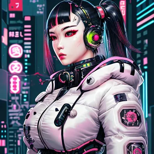 Prompt: detailed full body, cyborg operator, girl, cyberpunk, futuristic, neon reflective puffy coat, decorated with traditional Japanese ornaments,  illustrated perfect face, fine details, realistic shaded, fine - face, porcelain face, looking off into a city scape