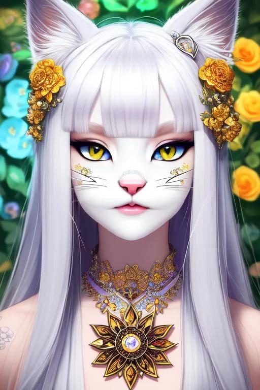Prompt: half-body portrait, an extremely cute cat girl, between a human face and a cat face, a detailed bling-bling cat nose, half furry body, half-human pale white skin, Druid tattoo, ceramic flower vines, intricate ceramic flower skin, intricate iridescence  details, cat's whiskers, sharp eye, cat eye, clean eye, delicate diamond amber eye, delicate intricate iridescence  details, highly featured, attractive characteristics,
Pixar and Disney, UHD, high definition, high fidelity, beautiful lit, surreal dream lighting, cold air, ethereal vibe, 
ray tracing render, malformed limb