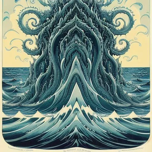 Prompt: Leviathos' design embodies the fearsome might and otherworldly nature of water. Its form constantly shifts and contorts, never settling into a singular shape. It is a towering entity, appearing as a colossal mass of roiling water, with towering waves crashing and churning around its central core.  The surface of Leviathos' watery body is an ever-changing canvas, reflecting the depths of the ocean and the turbulent nature of water itself. Eddies, whirlpools, and currents ripple across its form, creating mesmerizing patterns that both captivate and instill a sense of dread. Glowing bioluminescent creatures swim within its depths, casting an eerie, ethereal light.  Leviathos possesses countless tentacle-like appendages that writhe and slither in an ethereal dance, capable of lashing out with immense force and dragging its victims into its watery domain. Its eyes, if they can be called that, are orbs of shimmering, luminescent light, devoid of any discernible emotion or understanding.  As Leviathos moves through the oceans, it leaves a trail of destruction in its wake. Its presence warps the surrounding water, causing it to darken and become unnaturally cold. Thunder and lightning accompany its movements, while a haunting, otherworldly sound resonates from deep within its watery form, striking fear into the hearts of all who encounter it.  The very fabric of reality trembles in the presence of Leviathos, as it seems to exist simultaneously in the material and astral planes. Mortals who witness its immense form are overwhelmed by a sense of insignificance and terror, their minds struggling to comprehend the sheer magnitude and eldritch nature of this water-born entity.  Leviathos represents the awesome and terrifying power of water, a force that can both sustain and consume life. Its behavior and design serve as a reminder of the primal forces that exist beyond mortal understanding, an eldritch being of unfathomable power and destruction.