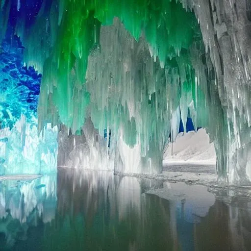 Prompt: crystal cavern with glaciers on the top dripping water, few crystals are colered pastel colours, transparent water, northern lights in the night sky, water colours, snow on the ground, some crystals on the ground