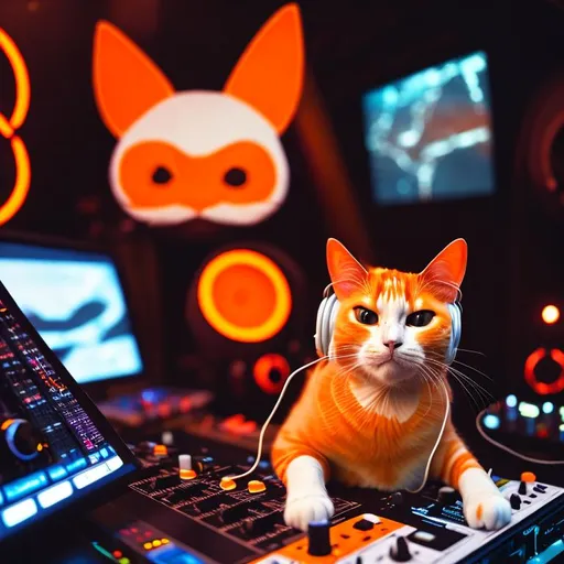Prompt: A orange and white cat in headphones and dj booth