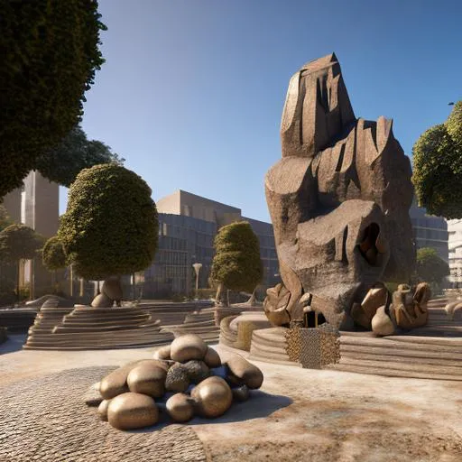 Prompt: baroque inspired precolonial congolese art sculpture inspiration and Congolese minerals in modern city volumetric natural light, ultra realistic, vray, far view, perspective landscape