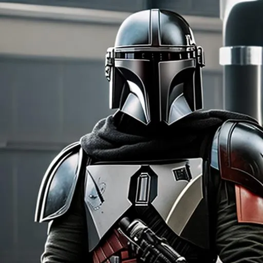 Prompt: mandalorian standing with a blaster in his hand,cinematic,well defined